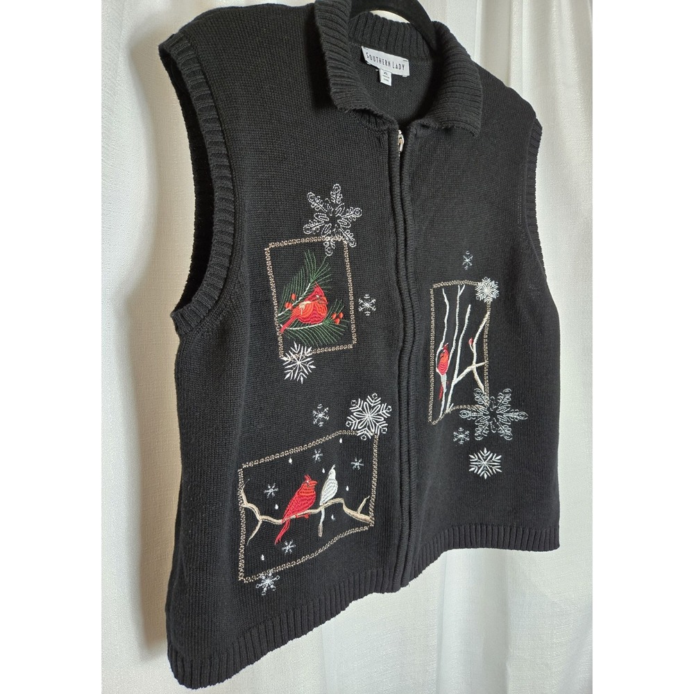 Southern Lady Womens XL Black Full Zip Cardinal‎ Snowflake Winter Sweater Vest